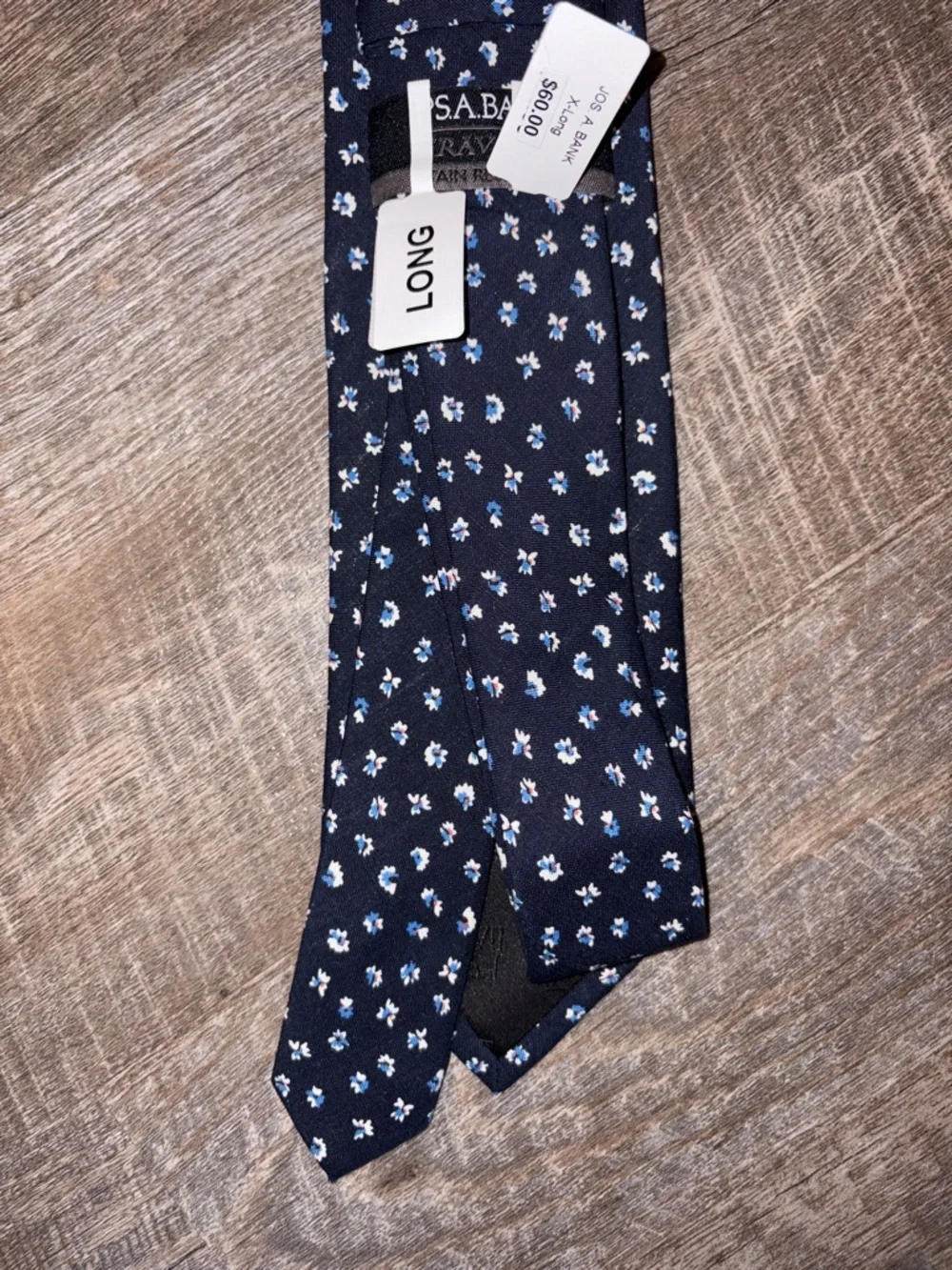 Jos A. Bank Traveler Stain Resistant Long Navy Blue Floral Silk Linen Necktie